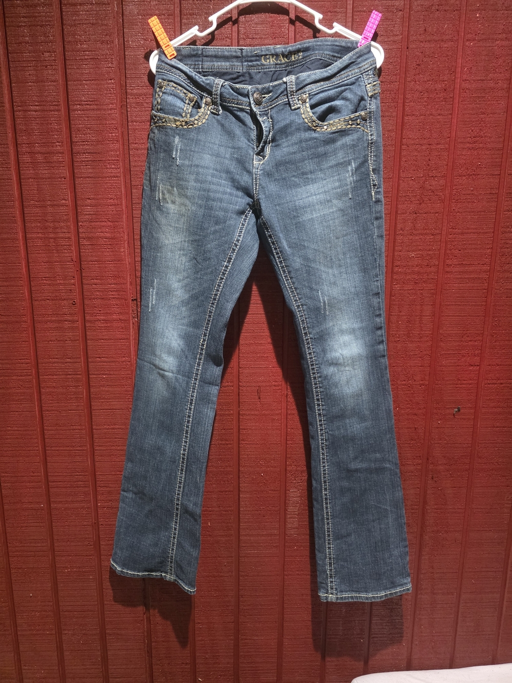 Grace in LA Medium Blue Flare Jeans with Braided Pocket Trim